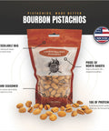 A 12 oz resealable bag of Bourbon Pistachios with several loose pistachios placed in front on a white background. The package is orange-brown with a clear lower section showing the pistachios inside.