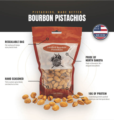 A 12 oz resealable bag of Bourbon Pistachios with several loose pistachios placed in front on a white background. The package is orange-brown with a clear lower section showing the pistachios inside.