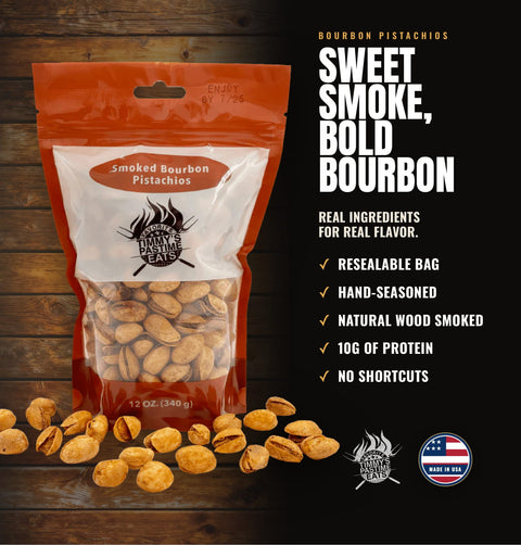 A bag of Bourbon Pistachios with text on the right reading 'Sweet Smoke, Bold Bourbon' and product benefits, set on a dark wood background with loose pistachios in front.