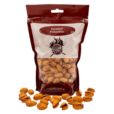 Bag of smoked pistachios with a visible brand logo on a white background